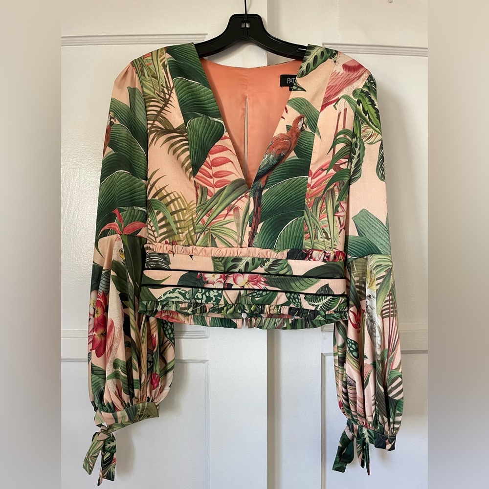 PatBO "Paradise" cropped top, Floral multi, Polyester blend, Retail Price: $425